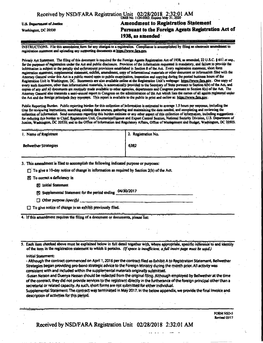 Amendment to Registration Statement Washington, DC 20530 Pursiiant to the Foreign Agents Registration Act of 1938, As Amended