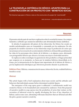 La Telenovela Histórica En México: Apuntes Para La Construcción De Un Proyecto Con “Beneficio Social”