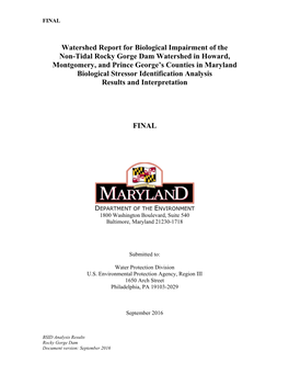 Rocky Gorge Dam Watershed in Howard, Montgomery, and Prince George’S Counties in Maryland Biological Stressor Identification Analysis Results and Interpretation