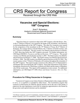 Vacancies and Special Elections: 108Th Congress