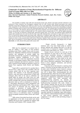 Comparative Evaluation of Some Physicochemical Properties for Different Types of Vegan Milk with Cow Milk Wafaa B