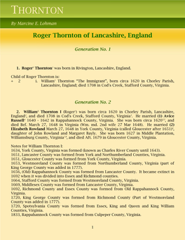 William Thornton I: 1634, York County, Virginia Was Formed (Known As Charles River County Until 1643)