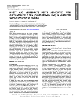 Insect and Vertebrate Pests Associated with Cultivated Field Pea (Pisum Sativum Linn) in Northern