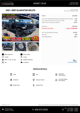 2021 Jeep Gladiator Willys Vin: 1C6hjtag3ml555694