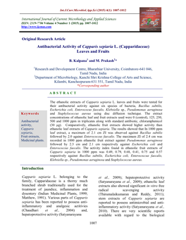 Antibacterial Activity of Capparis Sepiaria L. (Capparidaceae) Leaves and Fruits