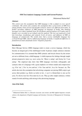 SMS Text Analysis: Language, Gender and Current Practices Muhammad Shaban Rafi Abstract This Article Tests the Assumption That S