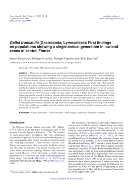 Galba Truncatula (Gastropoda, Lymnaeidae): First Findings On