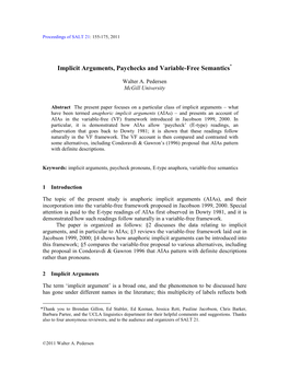 Implicit Arguments, Paychecks and Variable-Free Semantics*