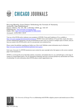 Deriving Morality from Politics: Rethinking the Formula of Humanity Author(S): Japa Pallikkathayil Source: Ethics, Vol