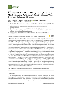 Nutritional Value, Mineral Composition, Secondary Metabolites, and Antioxidant Activity of Some Wild Geophyte Sedges and Grasses
