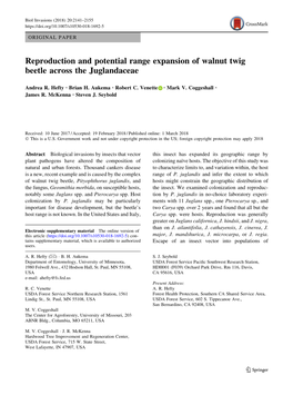 Reproduction and Potential Range Expansion of Walnut Twig Beetle Across the Juglandaceae