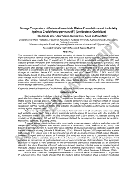 Storage Temperature of Botanical Insecticide Mixture Formulations and Its Activity Againsts Crocidolomia Pavonana