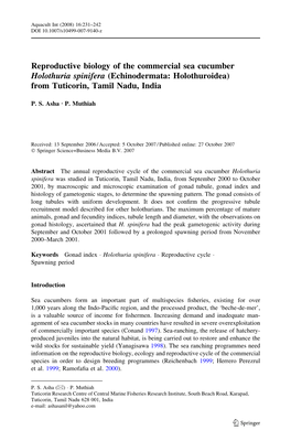 Reproductive Biology of the Commercial Sea Cucumber Holothuria Spinifera (Echinodermata: Holothuroidea) from Tuticorin, Tamil Nadu, India