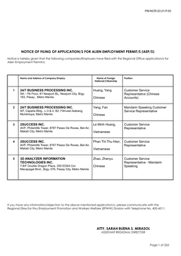 Notice of Filing of Application/S for Alien Employment Permit/S (Aep/S)