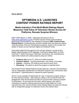 Optimedia U.S. Launches Content Power Ratings Report