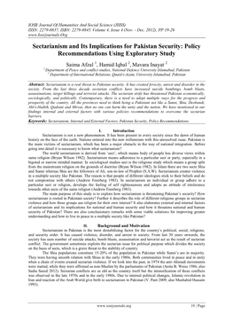 Sectarianism and Its Implications for Pakistan Security: Policy Recommendations Using Exploratory Study