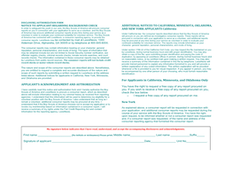 APPLICANT's ACKNOWLEDGMENT and AUTHORIZATION ADDITIONAL NOTICES to CALIFORNIA, MINNESOTA, OKLAHOMA, and NEW YORK APPLICANTS Ca