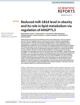 Reduced Mir-181D Level in Obesity and Its Role in Lipid Metabolism Via