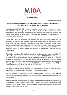 MEDIA RELEASE for Immediate Release APPROVED INVESTMENTS in the MANUFACTURING, SERVICES and PRIMARY SECTORS in 2019 TOTALLED