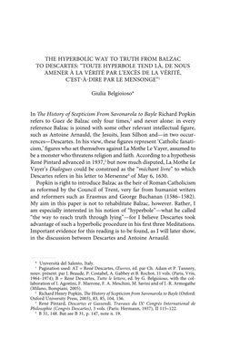 The Hyperbolic Way to Truth from Balzac to Descartes: “Toute Hyperbole Tend Là, De Nous Amener À La Vérité Par L’Excès De La Vérité, C’Estàdire Par Le Mensonge”1