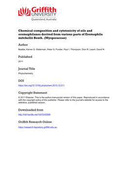 Chemical Composition and Cytotoxicity of Oils and Eremophilanes Derived from Various Parts of Eremophila Mitchellii Benth