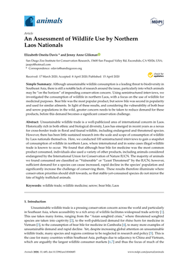 An Assessment of Wildlife Use by Northern Laos Nationals