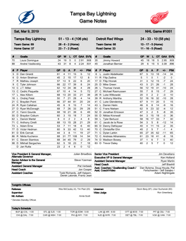 Tampa Bay Lightning Game Notes