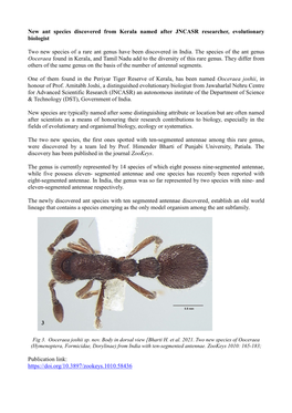 New Ant Species Discovered from Kerala Named After JNCASR Researcher, Evolutionary Biologist