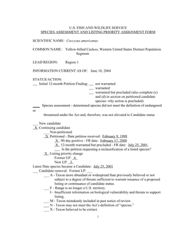 U.S. Fish and Wildlife Service Species Assessment and Listing Priority Assignment Form