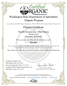 Washington State Department of Agriculture Organic Program Organic Certificate