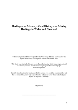 Oral History and Mining Heritage in Wales and Cornwall