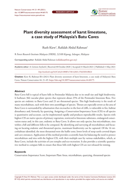 Plant Diversity Assessment of Karst Limestone, a Case Study of Malaysia's Batu Caves