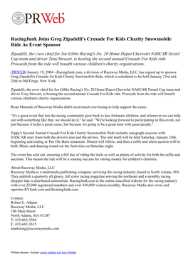 Racingjunk Joins Greg Zipadelli's Crusade for Kids Charity Snowmobile Ride As Event Sponsor Zipadelli, the Crew Chief for Joe Gibbs Racing's No