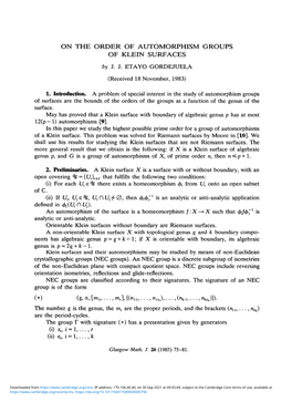 ON the ORDER of AUTOMORPHISM GROUPS of KLEIN SURFACES by J