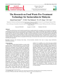 The Research on Food Waste Pre-Treatment Technology for Incineration in Malaysia