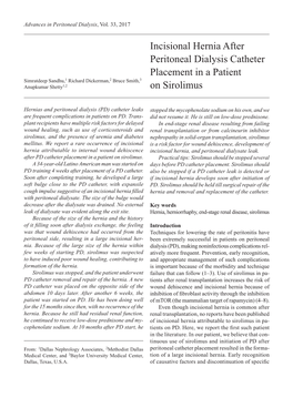 Incisional Hernia After Peritoneal Dialysis Catheter Placement in a Patient Simratdeep Sandhu,1 Richard Dickerman,2 Bruce Smith,3 Anupkumar Shetty1,2 on Sirolimus