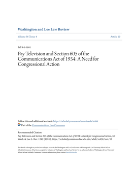 Pay Television and Section 605 of the Communications Act of 1934: a Need for Congressional Action