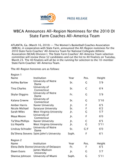 WBCA Announces All-Region Nominees for the 2010 DI State Farm Coaches All-America Team