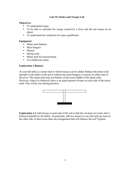 1 Lab 10: Statics and Torque Lab Objectives: • to Understand Torque