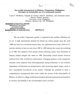 Sea Urchin Management in Bolinao, Pangasinan, Philippines: Attempts on Sustainable Use of a Communal Resource