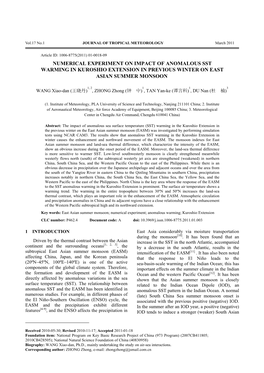 Numerical Experiment on Impact of Anomalous Sst Warming in Kuroshio Extension in Previous Winter on East Asian Summer Monsoon