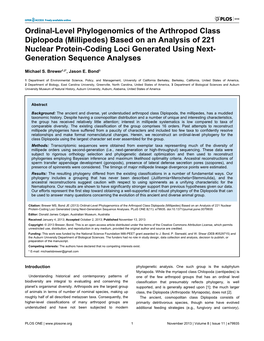 Ordinal-Level Phylogenomics of the Arthropod Class Diplopoda (Millipedes) Based on an Analysis of 221 Nuclear Protein-Coding