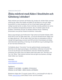 Älska Mörkret Med Aiden I Stockholm Och Göteborg I Oktober!