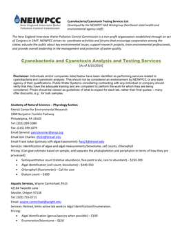 Cyanobacteria and Cyanotoxin Analysis and Testing Services [As of 3/15/2016]