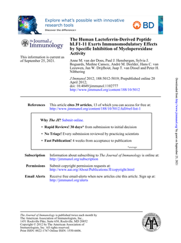 Activity by Specific Inhibition of Myeloperoxidase Hlf1-11 Exerts Immunomodulatory Effects the Human Lactoferrin-Derived Peptide