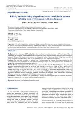 Efficacy and Tolerability of Eperisone Versus Tizanidine in Patients Suffering from Low Back Pain with Muscle Spasm