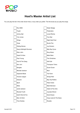 Host's Master Artist List