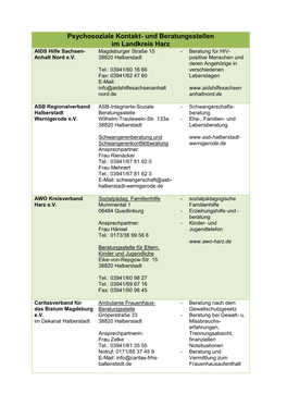 Psychosoziale Kontakt- Und Beratungsstellen Im Landkreis Harz AIDS Hilfe Sachsen- Magdeburger Straße 15 - Beratung Für HIV- Anhalt Nord E.V