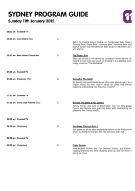 SYDNEY PROGRAM GUIDE Sunday 11Th January 2015