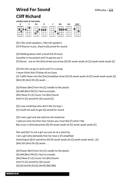 Wired for Sound Difficulty = Aaa Cliff Richard CHORDS USED in THIS SONG G F Em D C Bm Am Am9